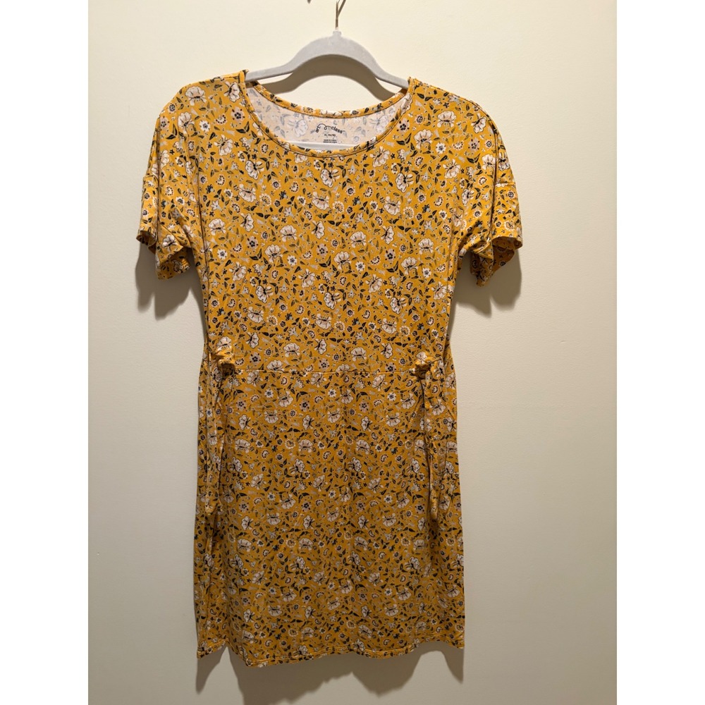 Art Class Girls Mustard Yellow Floral Short Sleeve Tie Waist Dress XL 14/16
